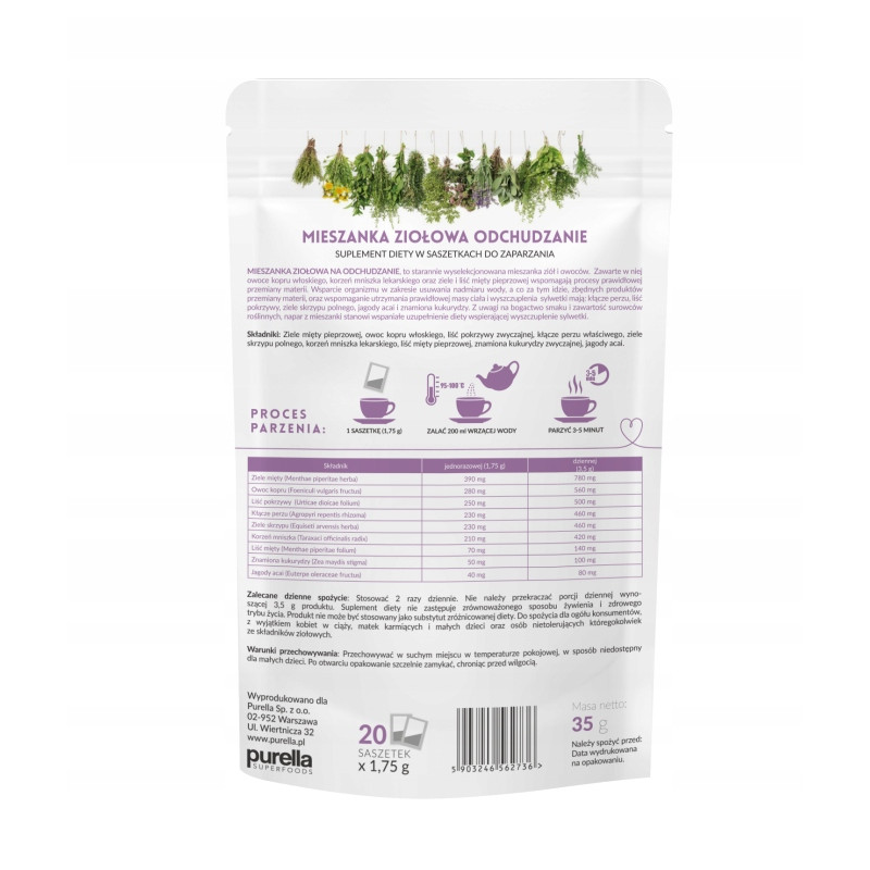 PURELLA SUPERHERBS herbata ODCHUDZANIE Pokrzywa Skrzyp Mniszek JAGODY ACAI
