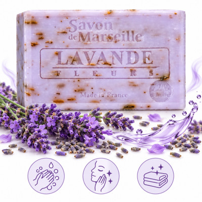 MYDŁO MARSYLSKIE LAWENDOWE z kwiatami LAWENDA 100g peeling