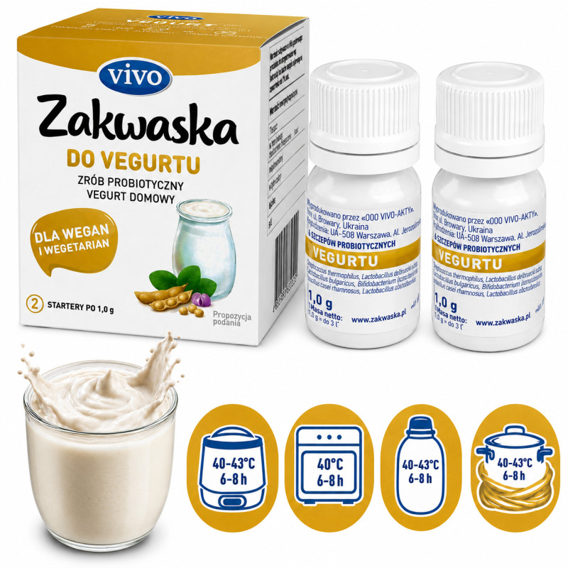 Jogurt domowy VIVO ZAKWASKA VEGURT wegański JOGURT kultury bakterii 2fiolki