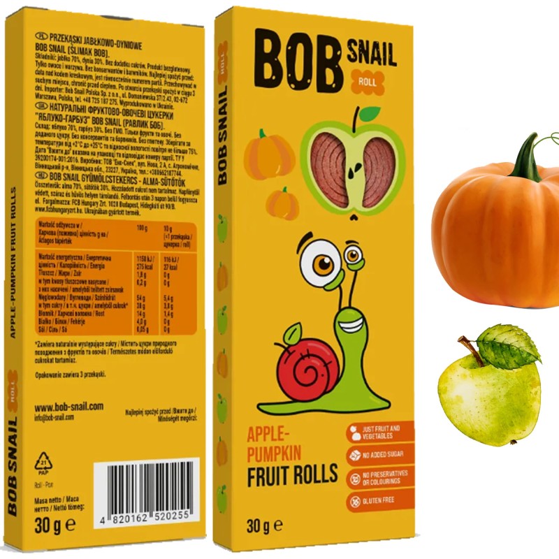 BOB SNAIL ROLLS przekąska owocowa bez cukru JABŁKO DYNIA 30G