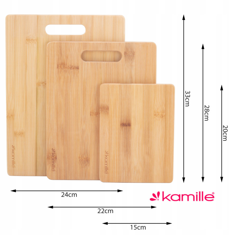 KAMILLE zestaw 3 DESEK DO KROJENIA I SERWOWANIA deska bambus 20cm 28cm 33cm