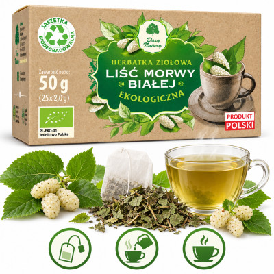MORWA BIAŁA liść MORWY BIAŁEJ herbatka 25 saszetek EKO 50g DARY NATURY