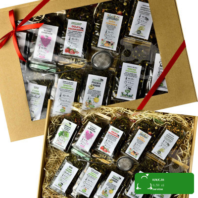 ZESTAW PREZENTOWY DUŻY zielona herbata AROMATYZOWANA 10x50 500g + zaparzacz