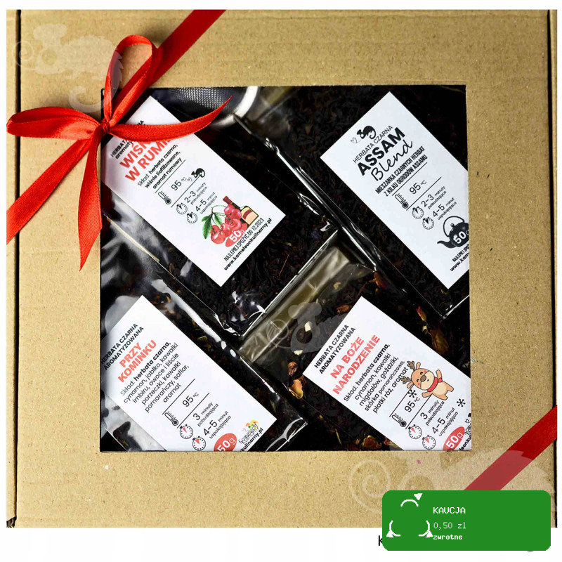 ZESTAW PREZENTOWY 4 herbaty CZARNE 200g +zaparzacz