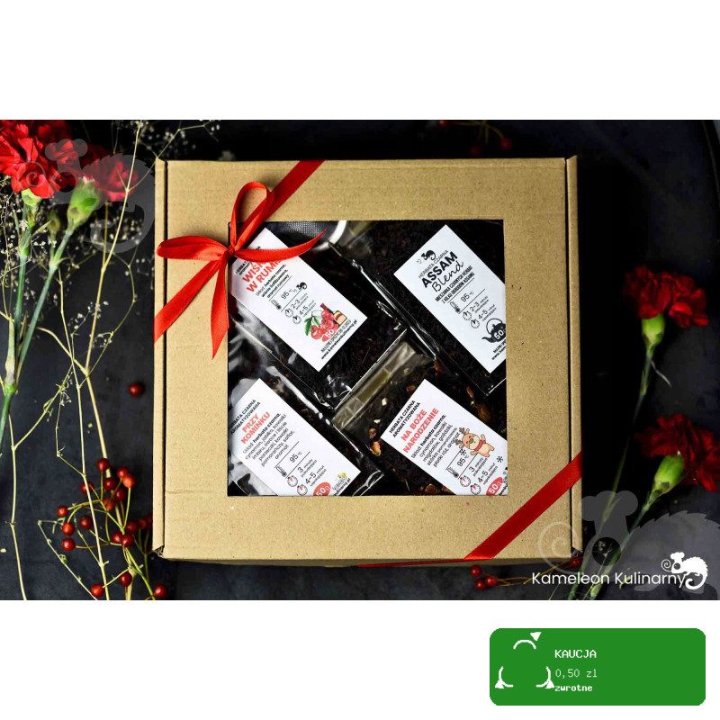 ZESTAW PREZENTOWY 4 herbaty CZARNE 200g +zaparzacz