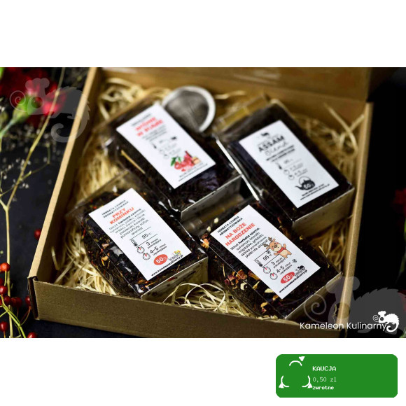 ZESTAW PREZENTOWY 4 herbaty CZARNE 200g +zaparzacz