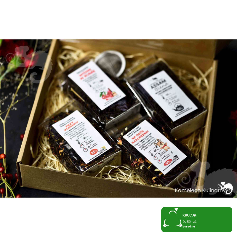 ZESTAW PREZENTOWY 4 herbaty CZARNE 200g +zaparzacz