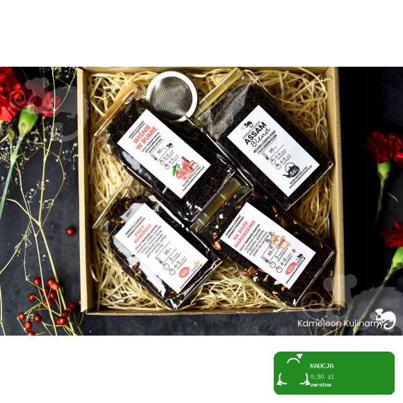 ZESTAW PREZENTOWY 4 herbaty CZARNE 200g +zaparzacz