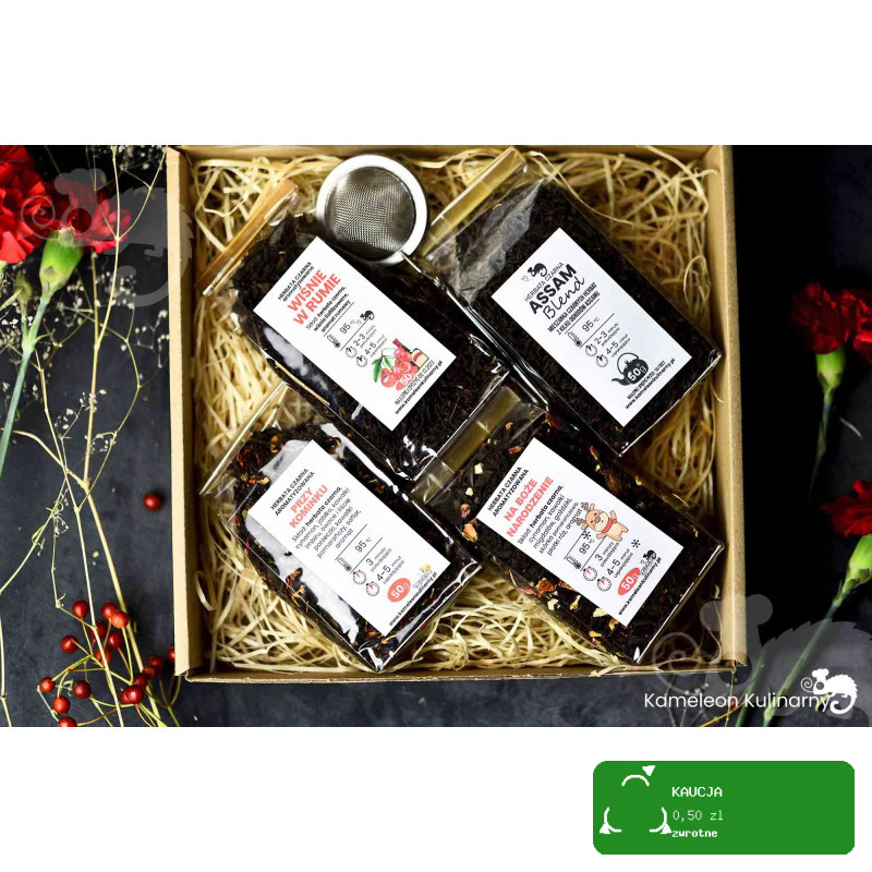 ZESTAW PREZENTOWY 4 herbaty CZARNE 200g +zaparzacz