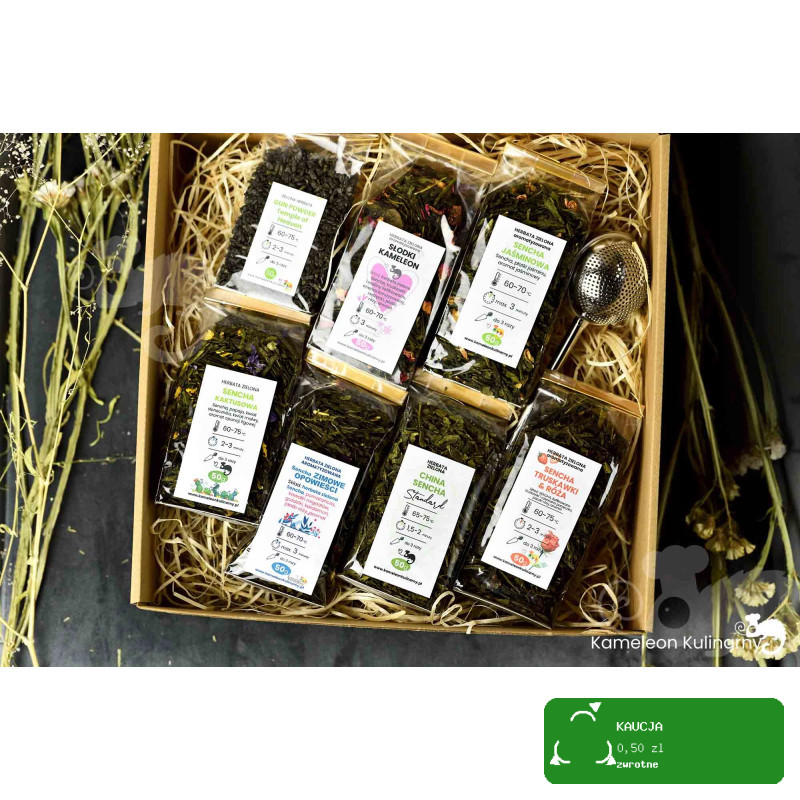 ZESTAW PREZENTOWY DUŻY 7 herbat 350g + zaparzacz