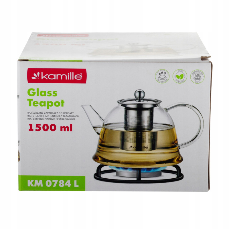 DZBANEK SZKLANY Z ZAPARZACZEM ZAPARZACZ do HERBATY ZIÓŁ 1500ml 1,5L Kamille