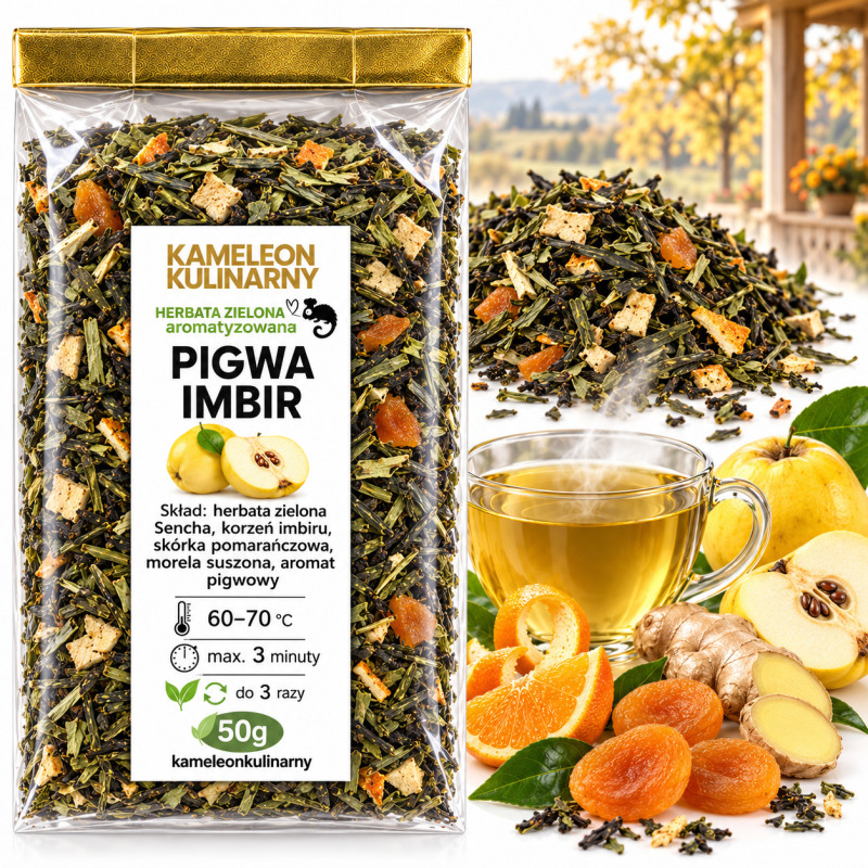 KAMELEON KULINARNY HERBATA zielona Sencha PIGWA I IMBIR z morelą 50g
