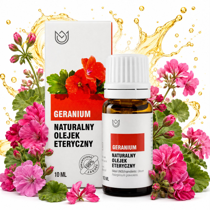 Naturalny OLEJEK ETERYCZNY GERANIUM 10ml zapach POZYTYWNY WPŁYW NA ZDROWIE