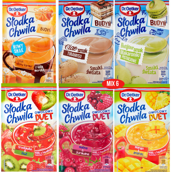 DR.OETKER 3x BUDYŃ SŁODKA CHWILA + 3x OWOCOWY DUET ZESTAW MIX SMAKÓW 6szt