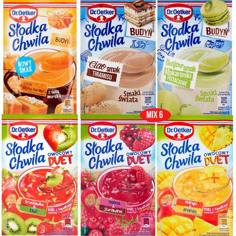 DR.OETKER 3x BUDYŃ SŁODKA CHWILA + 3x OWOCOWY DUET ZESTAW MIX SMAKÓW 6szt