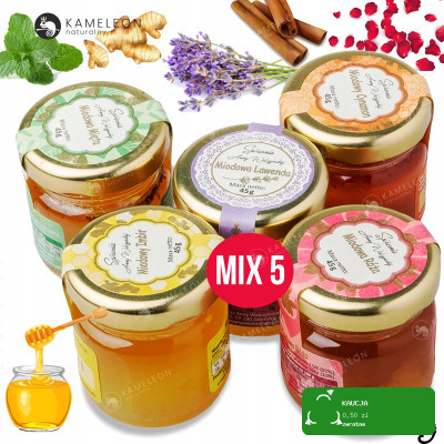 MIODKI SMAKOWE mix RÓŻA LAWENDA IMBIR CYNAMON MIĘTA 45g x5 małe NA PREZENT