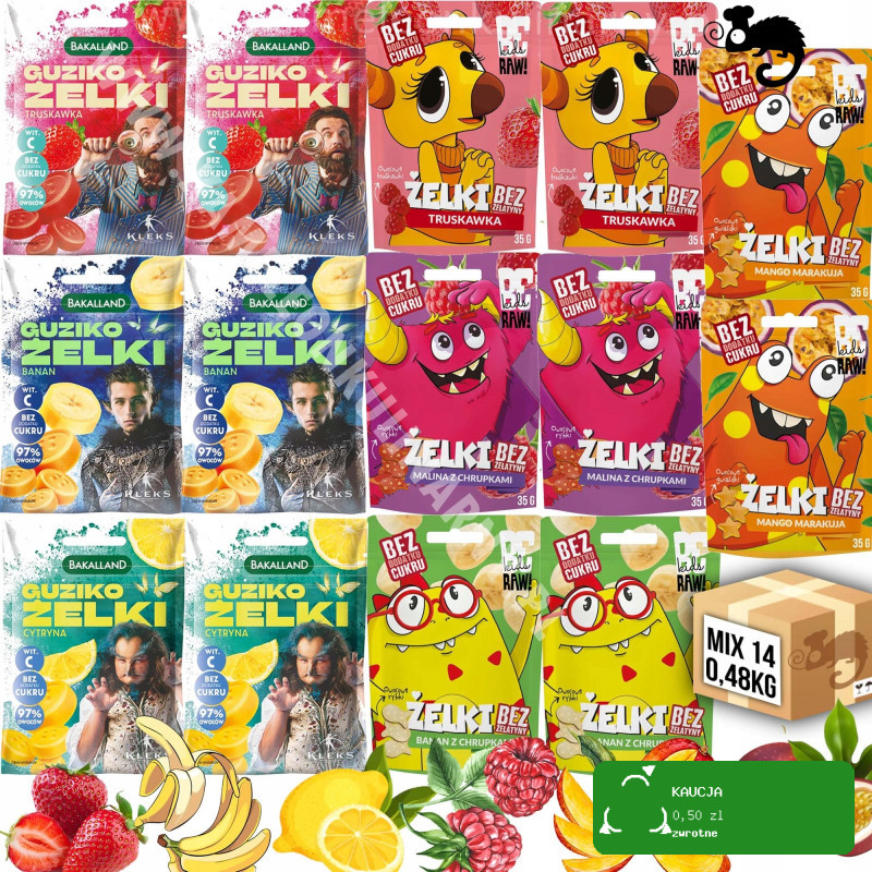 PAN KLEKS BERAW ŻELKI GUZIKOŻELKI bez cukru ZEESTAW MIX smaków 14szt 0,48KG
