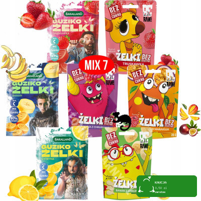 7x ŻELKI GUZIKOŻELKI bez cukru MIX smaków MALINA TRUSKA BANAN MANGO CYTRYNA