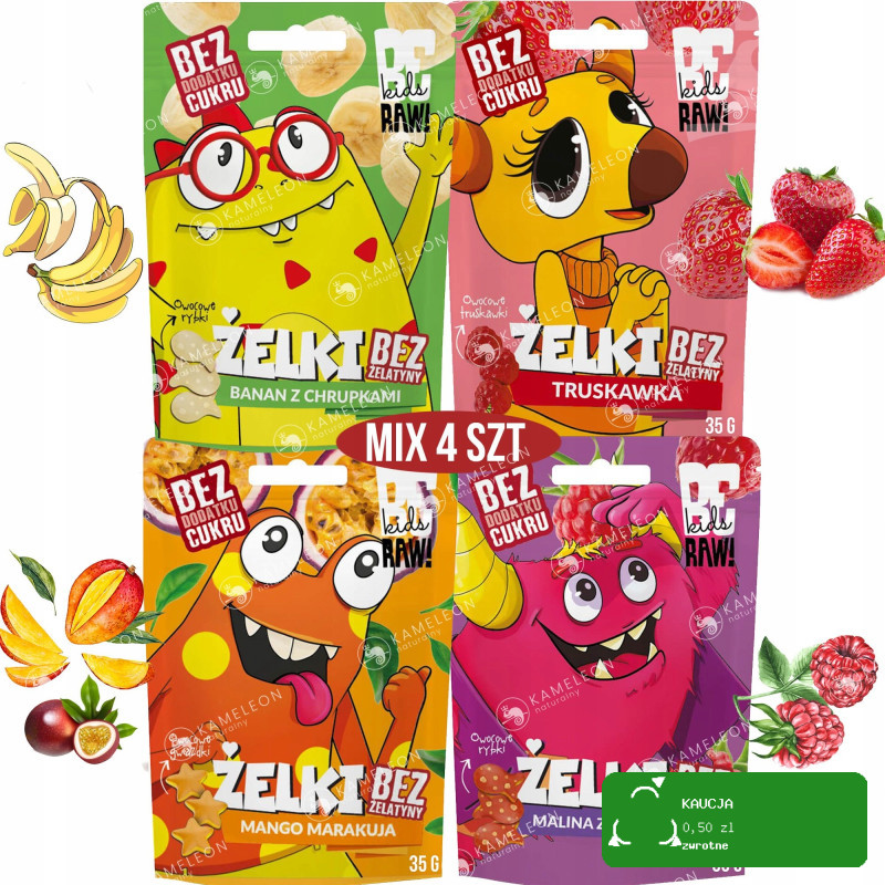 7x ŻELKI GUZIKOŻELKI bez cukru MIX smaków MALINA TRUSKA BANAN MANGO CYTRYNA