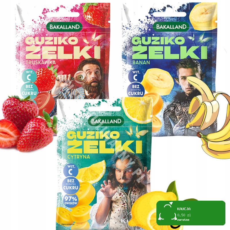 7x ŻELKI GUZIKOŻELKI bez cukru MIX smaków MALINA TRUSKA BANAN MANGO CYTRYNA