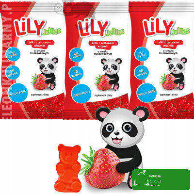 LILY JELLIES ŻELKI BEZ CUKRU Z 10 WITAMINAMI TRUSKAWKOWE TRUSKAWKA 30g x3