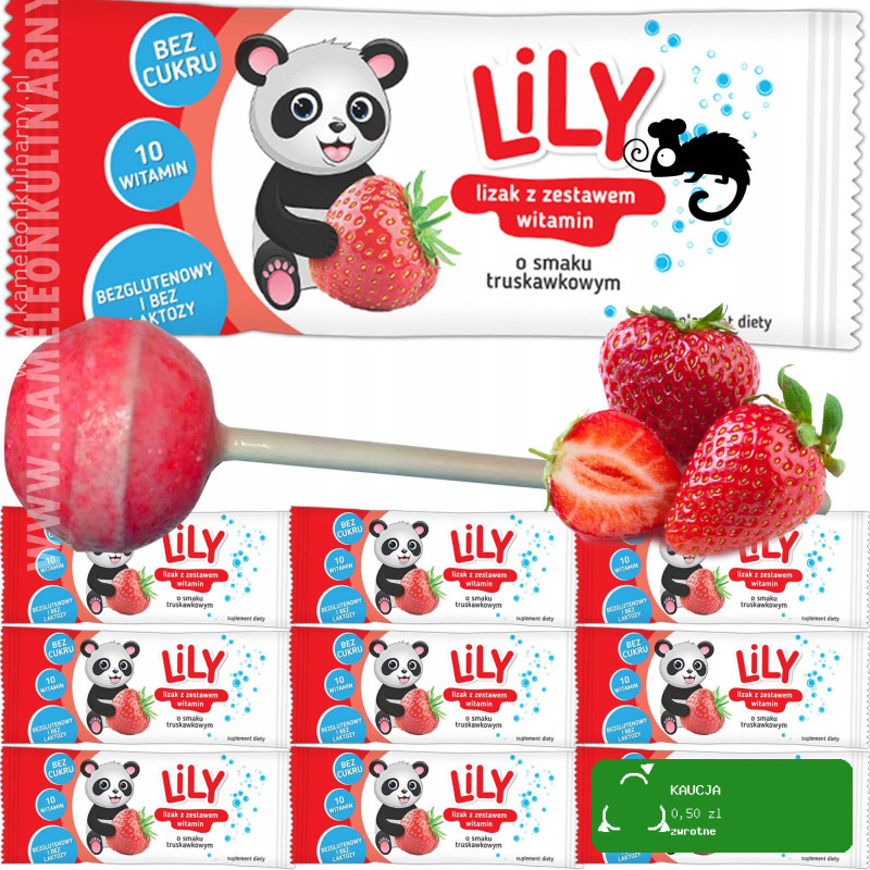 LILY LIZAK BEZ CUKRU Z 10 WITAMINAMI C E Bcomplex TRUSKAWKA Truskawkowy x10