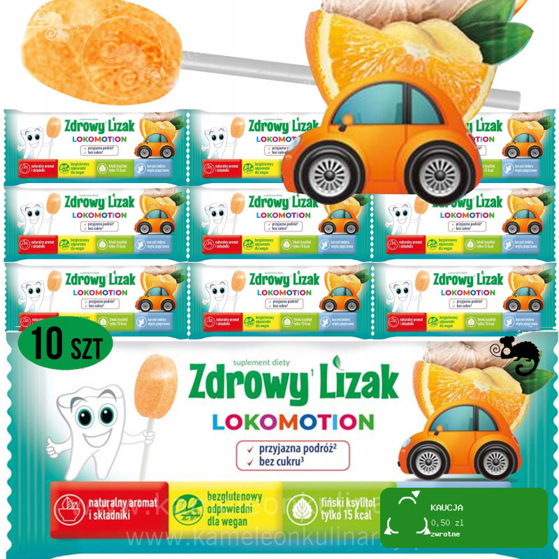 ZDROWY LIZAK LOKOMOTION przyjazna podróż bez cukru POMARAŃCZA x10 szt