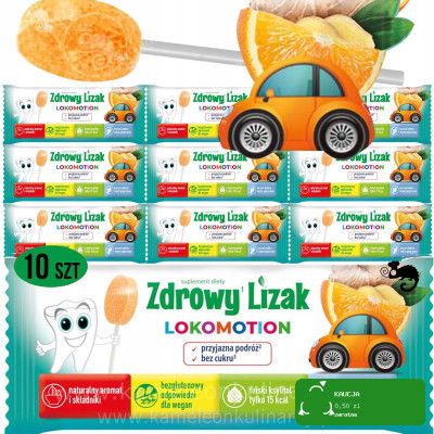 ZDROWY LIZAK LOKOMOTION przyjazna podróż bez cukru POMARAŃCZA x10 szt