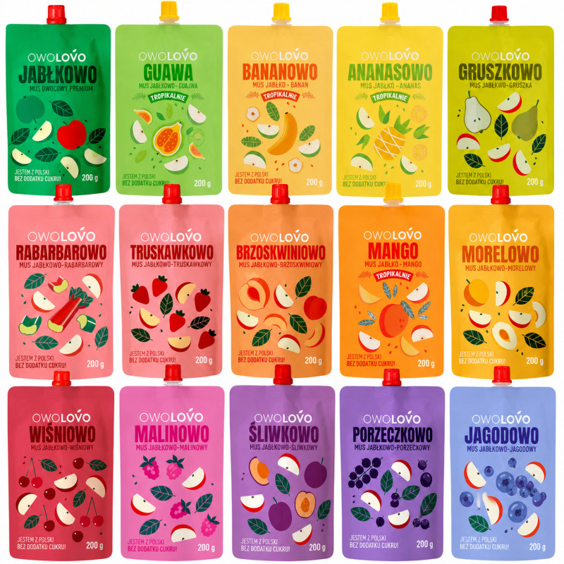OWOLOVO MUS OWOCOWY mix 15 wyjątkowych SMAKÓW bez cukru 15szt x 200G aż 3KG