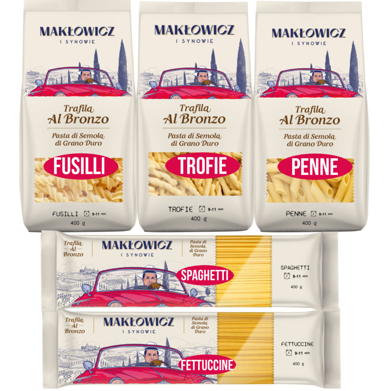 MAKARON zestaw MIX 5 SPAGHETTI FETTUCCINE PENNE FUSILI TROFIE 2KG MAKŁOWICZ