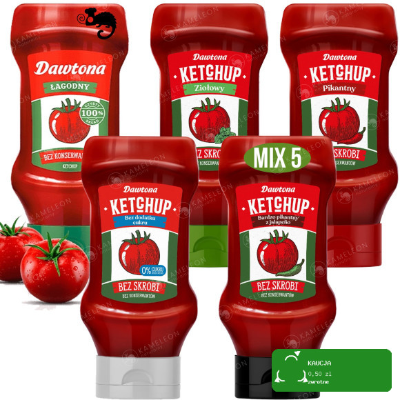 KETCHUP ŁAGODNY PIKANTNY Z JAPALENO ZIOŁOWY bez CUKRU MIX 5 x 450G DAWTONA