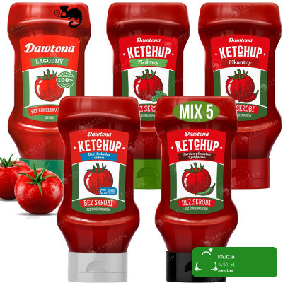 KETCHUP ŁAGODNY PIKANTNY Z JAPALENO ZIOŁOWY bez CUKRU MIX 5 x 450G DAWTONA
