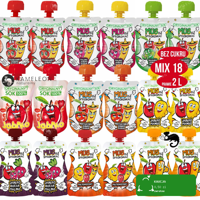 ORYGINALNY SOK MUS OWOCOWY 100% OWOCE BEZ CUKRU MIX 9 SMAKÓW 110ml 18szt 2L