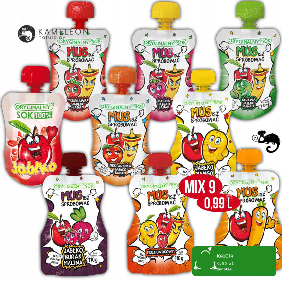 ORYGINALNY SOK MUS OWOCOWY 100% OWOCE BEZ CUKRU MIX SMAKÓW 110ml 9szt 0,99L
