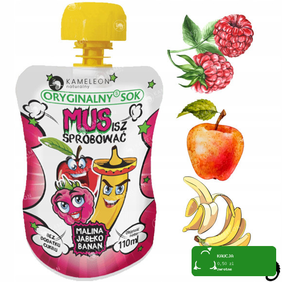 ORYGINALNY SOK MUS OWOCOWY 100% OWOCE BEZ CUKRU MIX SMAKÓW 110ml 9szt 0,99L