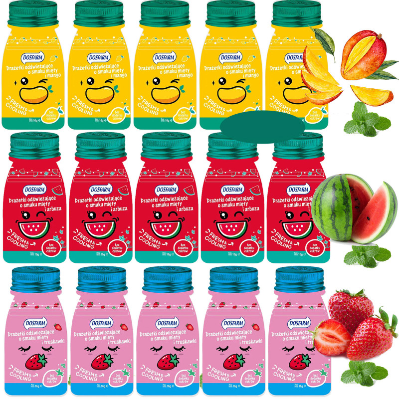 DRAŻE ODŚWIEŻAJĄCE mix SMAKÓW ARBUZ TRUSKAWKA MANGO 16g x15 szt