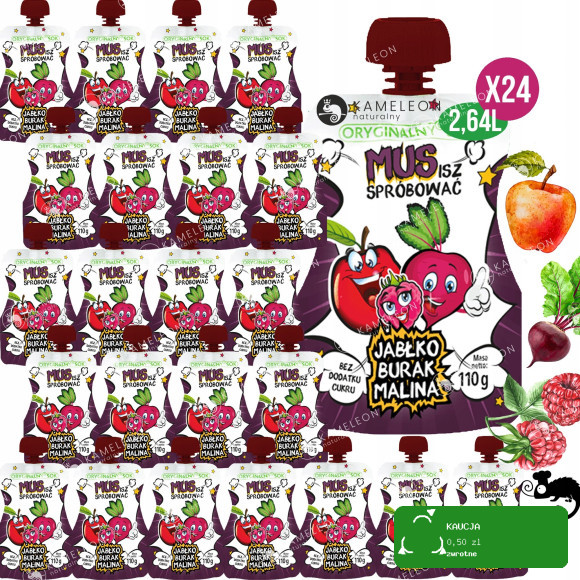 24x ORYGINALNY SOK MUS OWOCOWY BEZ CUKRU Jabłko Burak Malina 110ml x24 2,6L