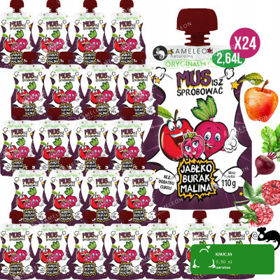 24x ORYGINALNY SOK MUS OWOCOWY BEZ CUKRU Jabłko Burak Malina 110ml x24 2,6L