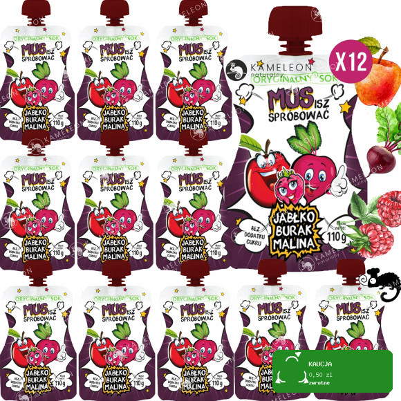 24x ORYGINALNY SOK MUS OWOCOWY BEZ CUKRU Jabłko Burak Malina 110ml x24 2,6L
