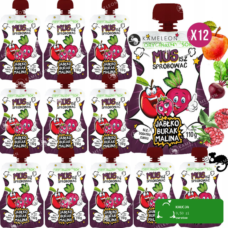24x ORYGINALNY SOK MUS OWOCOWY BEZ CUKRU Jabłko Burak Malina 110ml x24 2,6L