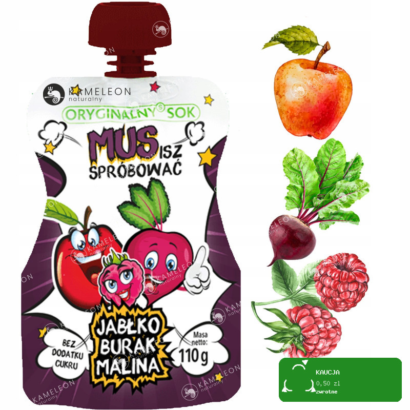24x ORYGINALNY SOK MUS OWOCOWY BEZ CUKRU Jabłko Burak Malina 110ml x24 2,6L