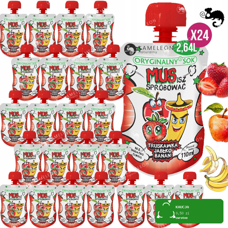 ORYGINALNY SOK MUS OWOCOWY BEZ CUKRU Truskawka Jabłko Banan 110ml x24 2,6L