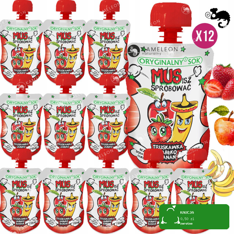 ORYGINALNY SOK MUS OWOCOWY BEZ CUKRU Truskawka Jabłko Banan 110ml x24 2,6L
