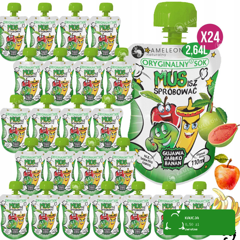 24x ORYGINALNY SOK MUS OWOCOWY BEZ CUKRU Gujawa Jabłko Banan 24x 110ml 2,6L