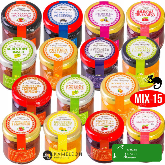 15x KONFITURA MARMOLADA DŻEM MUS POWIDŁA mix smaków MAŁY SŁOICZEK 40g 0,6KG