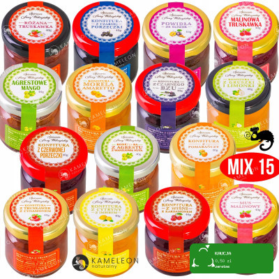 15x KONFITURA MARMOLADA DŻEM MUS POWIDŁA mix smaków MAŁY SŁOICZEK 40g 0,6KG