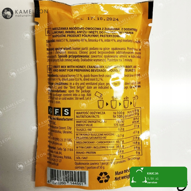 YOGODA MIESZANKA MIODOWO OWOCOWA do NAPOJÓW ŻURAWINA 50g x14szt 0,7KG