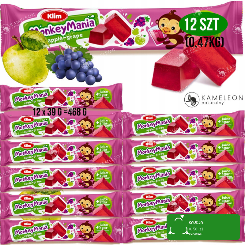 GALARETKA WEGAŃSKA ŻELKI BC monkey mania JABŁKO-WINOGRONO 39g x24 aż 0,93KG