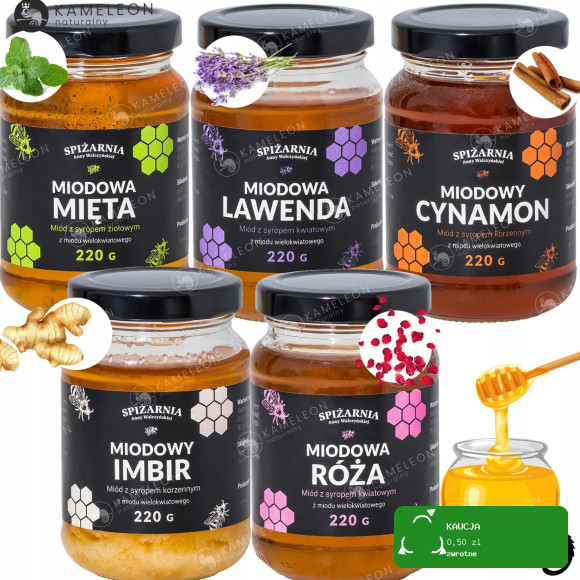ZESTAW MIODÓW MIÓD SMAKOWY mix 5szt CYNAMON IMBIR RÓŻA LAWENDA MIĘTA 1,1KG