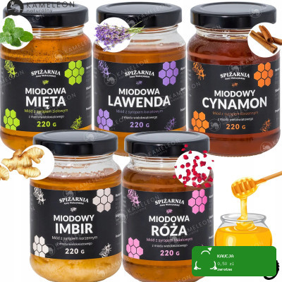ZESTAW MIODÓW MIÓD SMAKOWY mix 5szt CYNAMON IMBIR RÓŻA LAWENDA MIĘTA 1,1KG